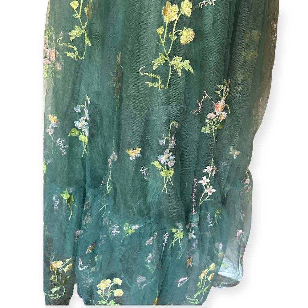 Corset Floral Embroidered Green Ruched Layered Tulle Flower  Midi Prom Dress - Picture 8 of 13